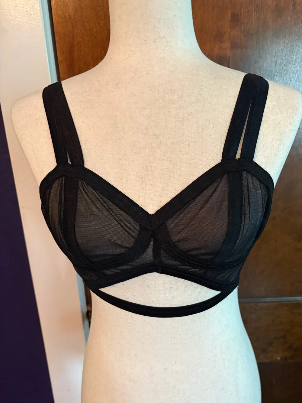 CantiqLA Handmade Vintage Soft Cup Bralette in Black Mesh - Size Small